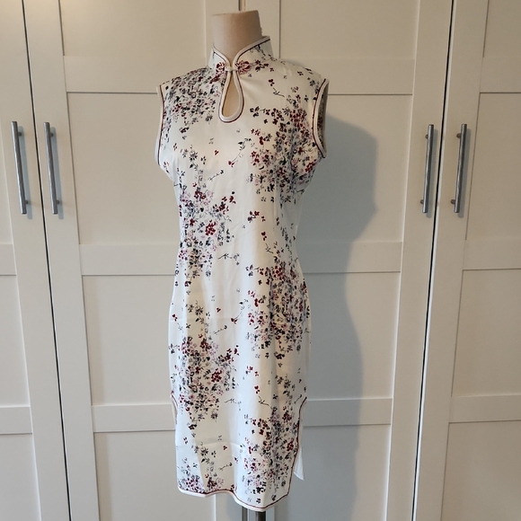Jin Hon Asian Floral Sleeveless Silk Dress White and Red Xxl - Picture 1 of 8